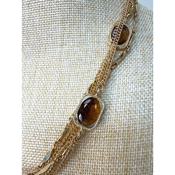 Vintage Sarah Coventry Gold-Tone Multi-Strand Necklace W/ Brown Glass Stones 30" - Picture 3 of 11